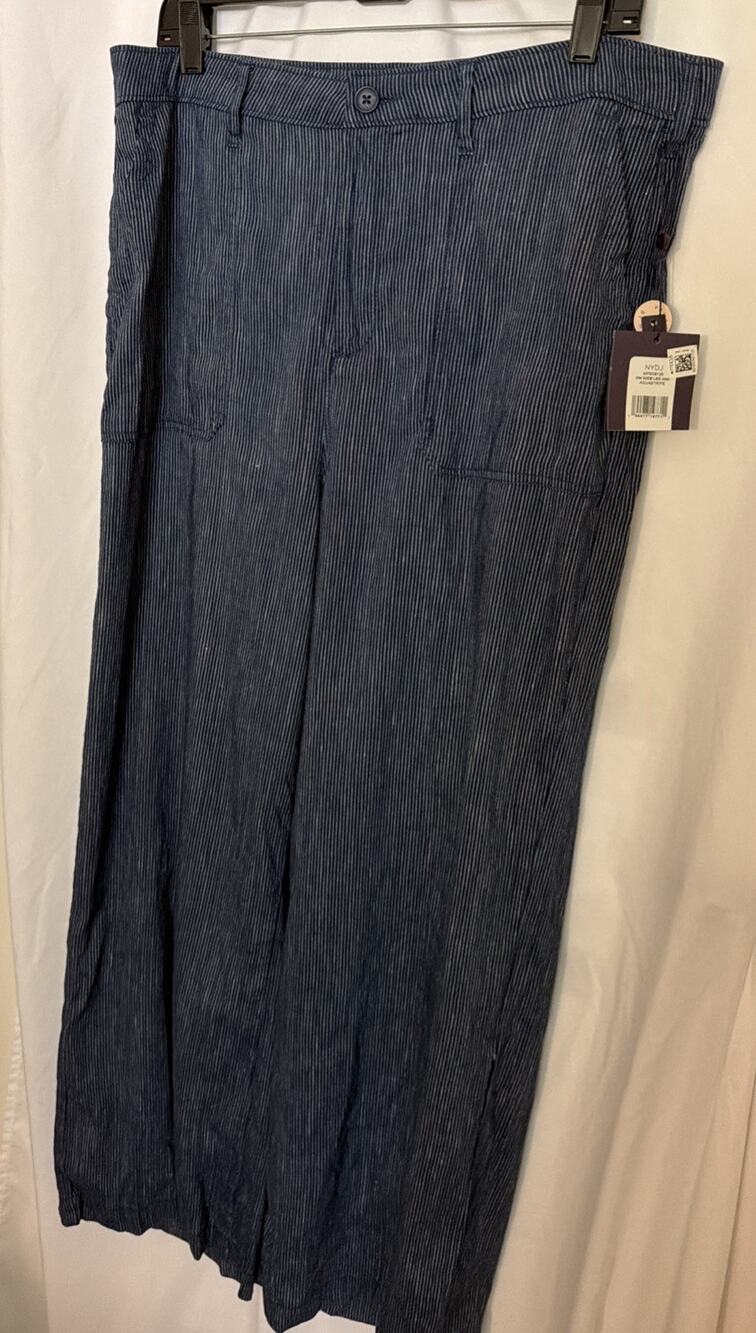 NWT NYDJ Pants 14 Aguastripe Blue Trousers Stripe Lift Tuck Linen Blend